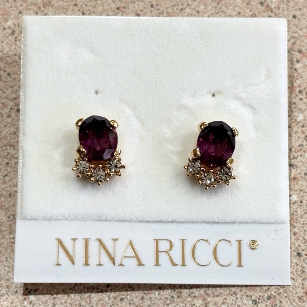 Nina Ricci Earrings 22k Gold Plated With Amethyst & Swarovski Crystals